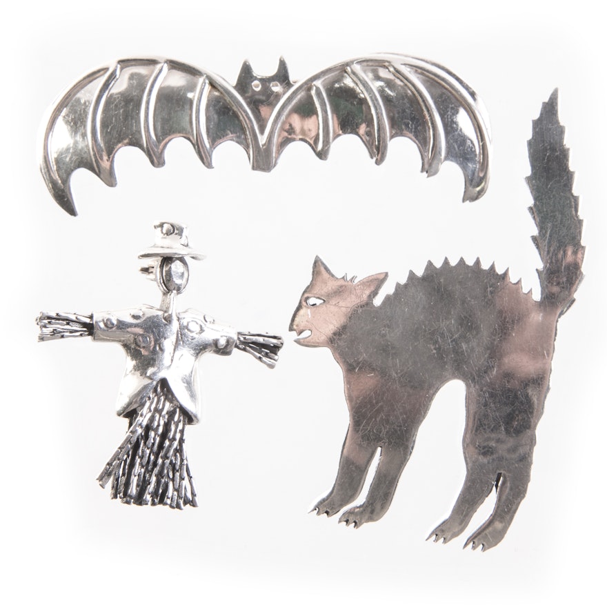 Sterling Silver Bat, Scarecrow, and Cat Brooch Set