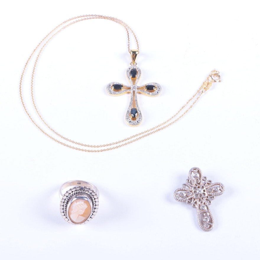 Sterling Silver Necklace with Sapphires, Cameo Ring, and Cross Pendant