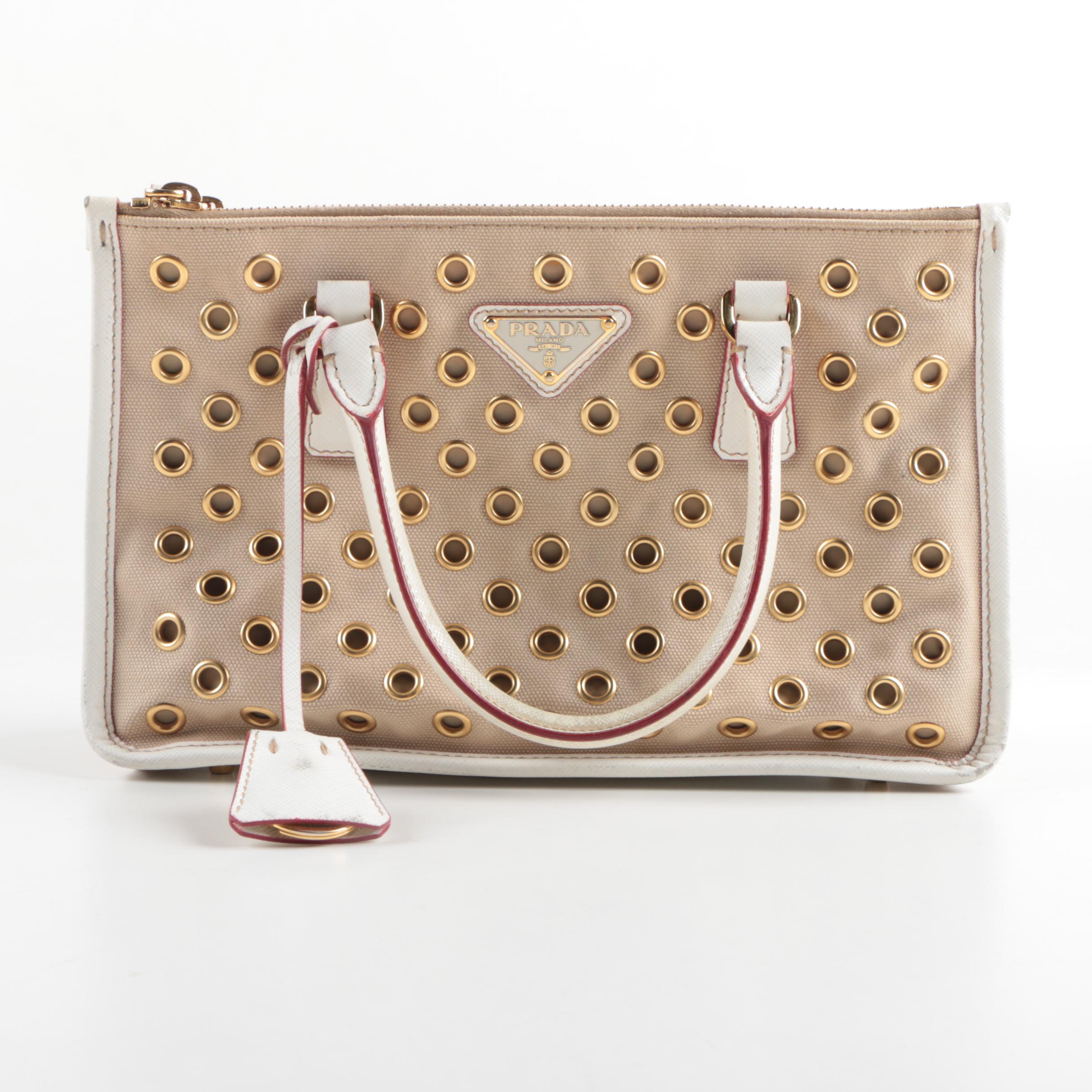 Prada Canvas and Leather Grommet Accent Handbag