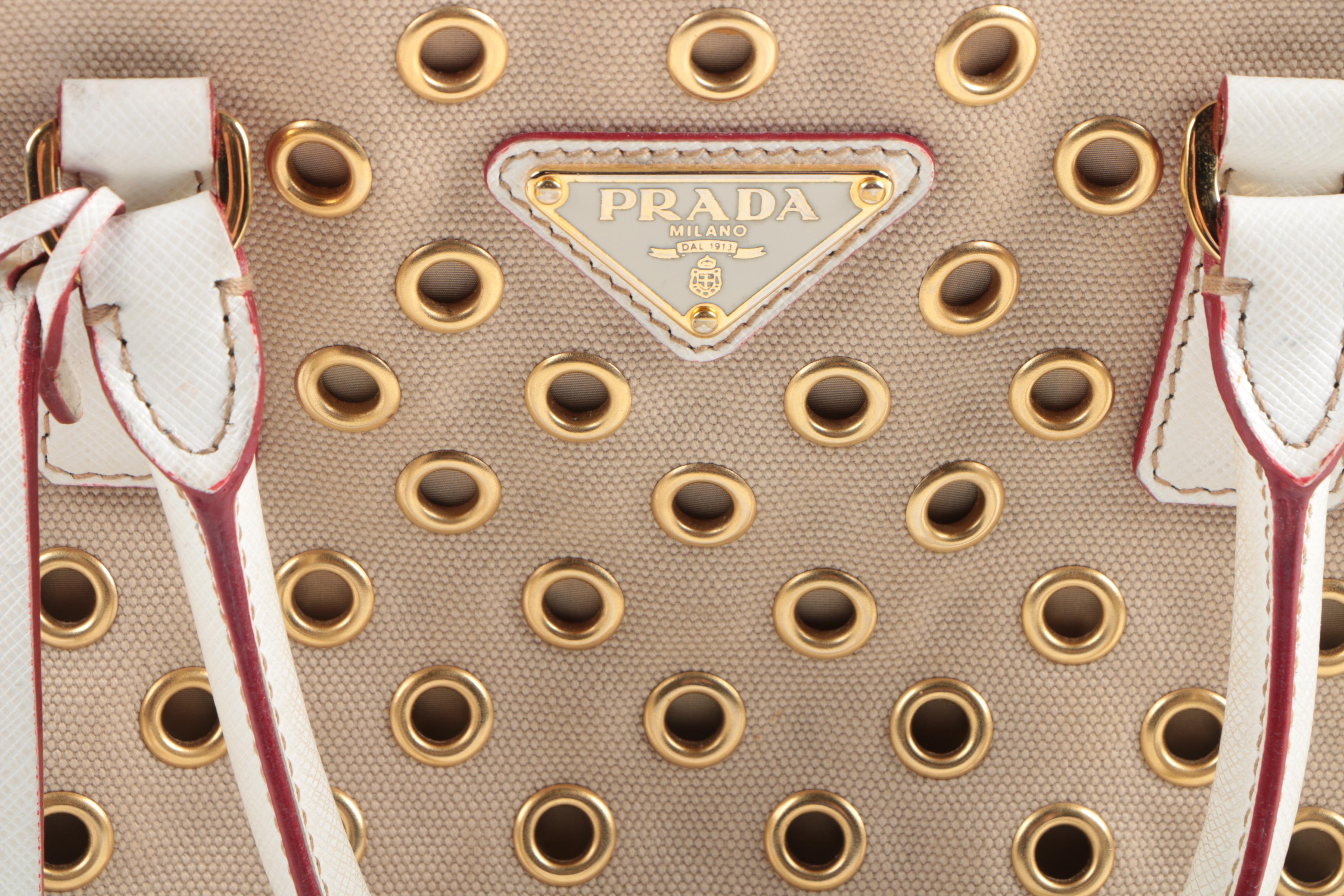 Prada Canvas and Leather Grommet Accent Handbag