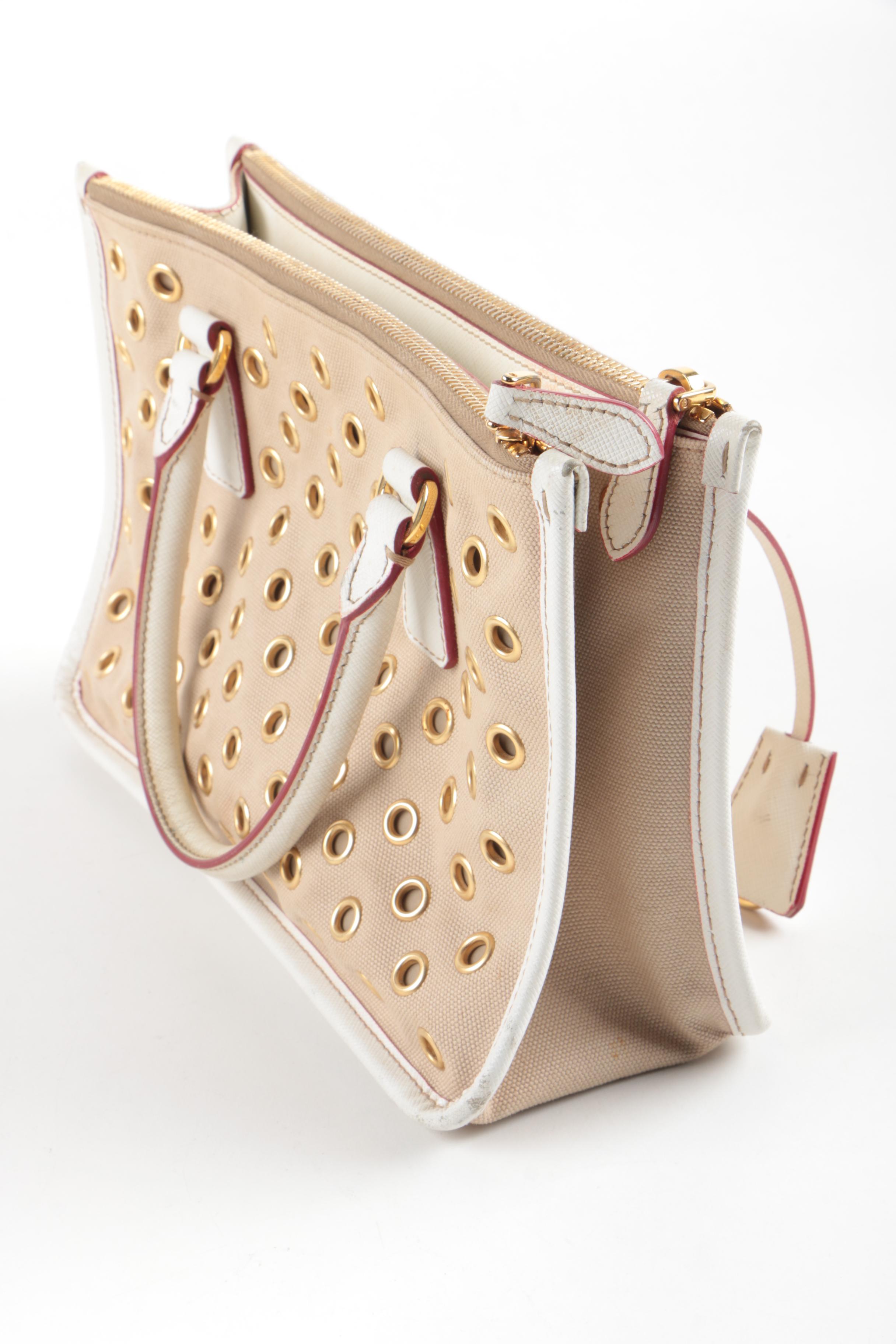 Prada Canvas and Leather Grommet Accent Handbag