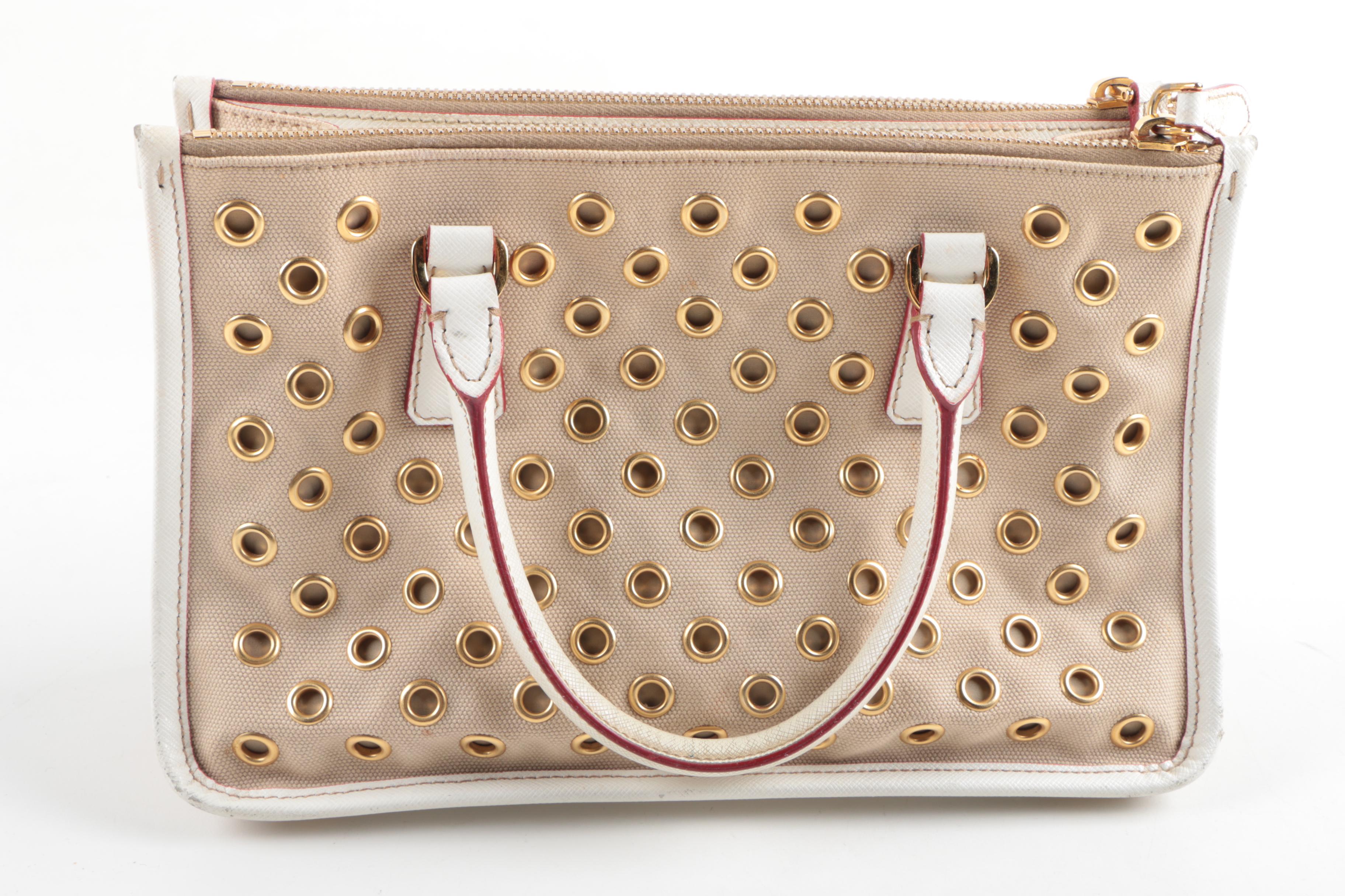 Prada Canvas and Leather Grommet Accent Handbag