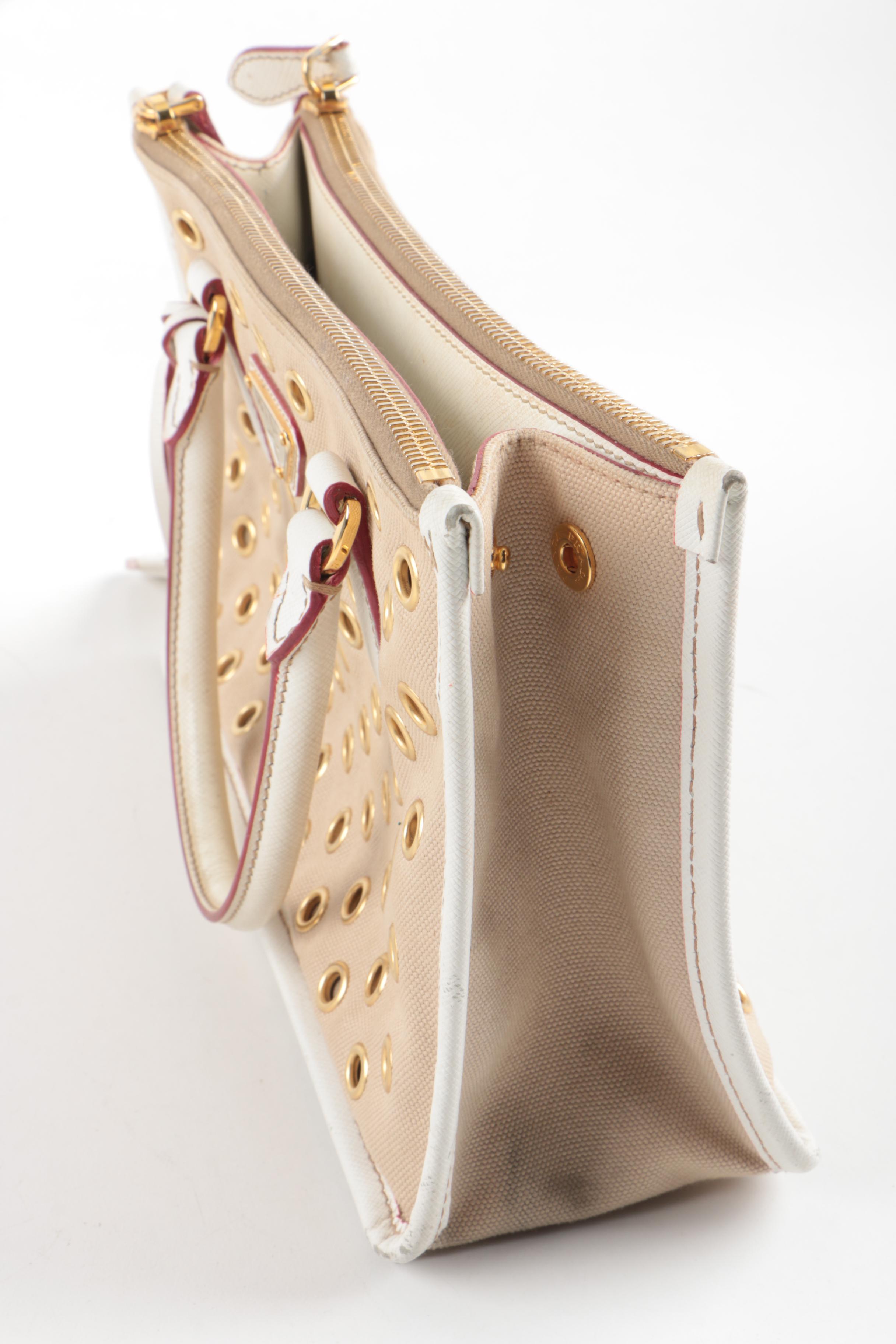 Prada Canvas and Leather Grommet Accent Handbag