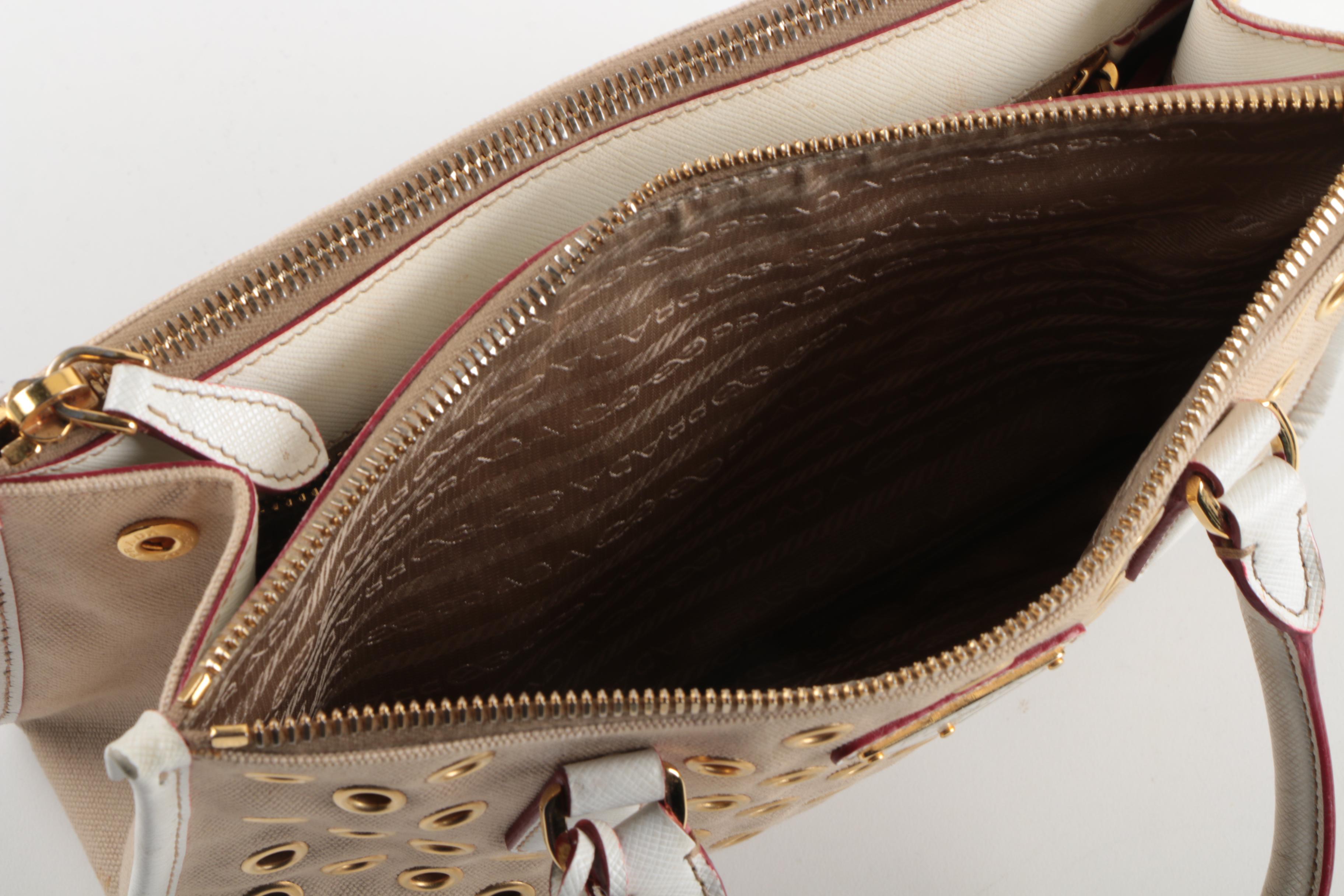 Prada Canvas and Leather Grommet Accent Handbag