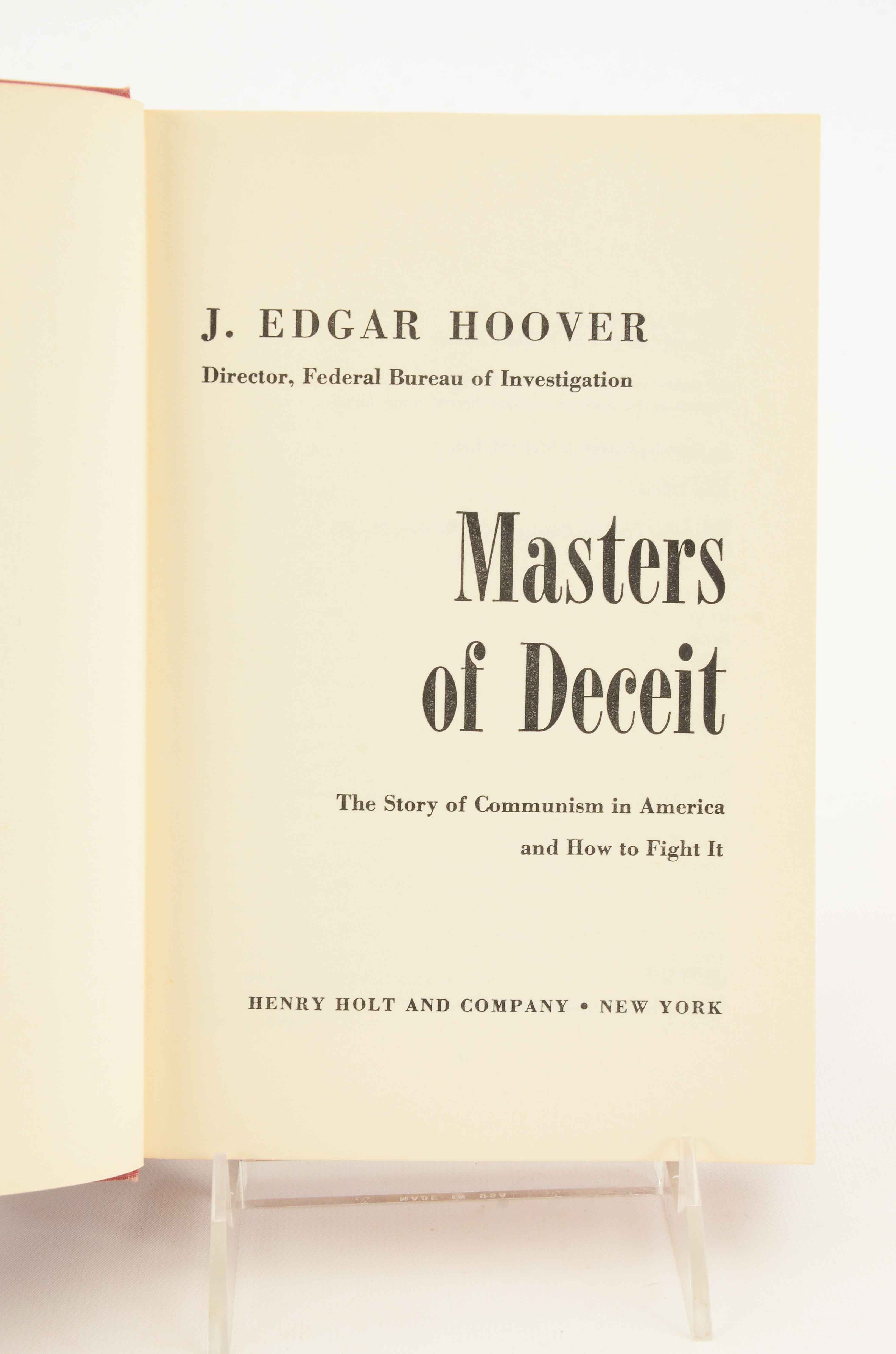 J. Edgard Hoover Signed "Masters of Deceit" in Hardcover