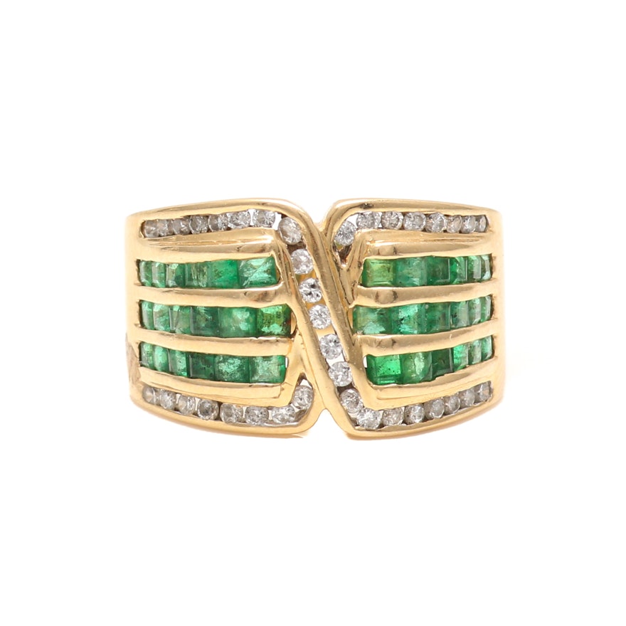 14K Yellow Gold Diamond and Emerald Ring