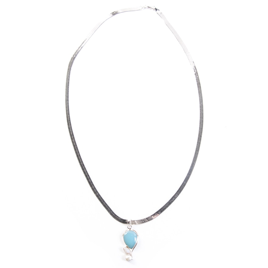 Sterling Silver, Chalcedony, Moonstone and Pearl Pendant Necklace