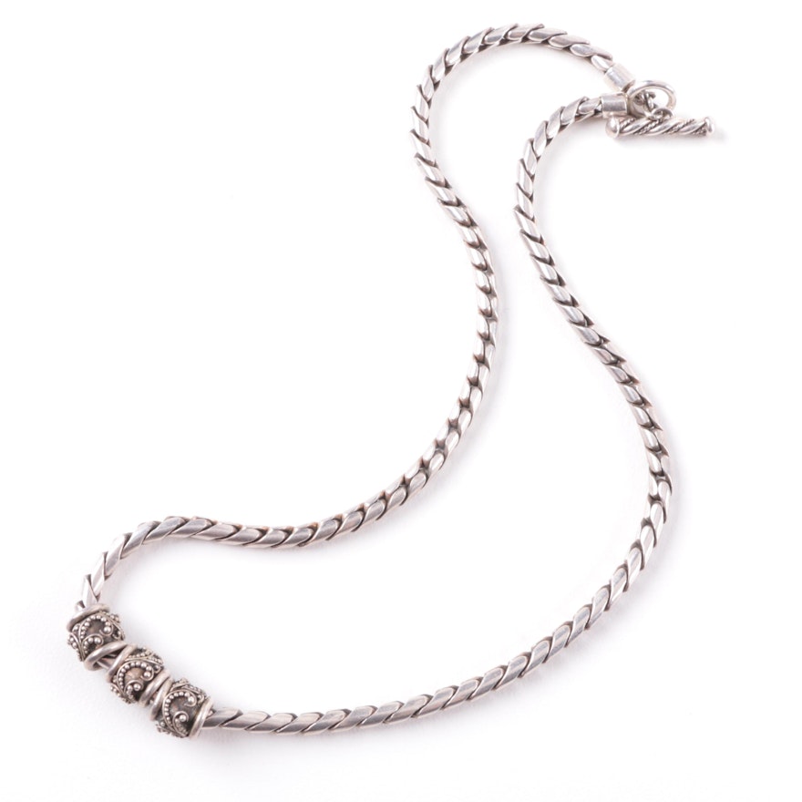 Sterling Silver Link Necklace with Sliding Granulated Pendants