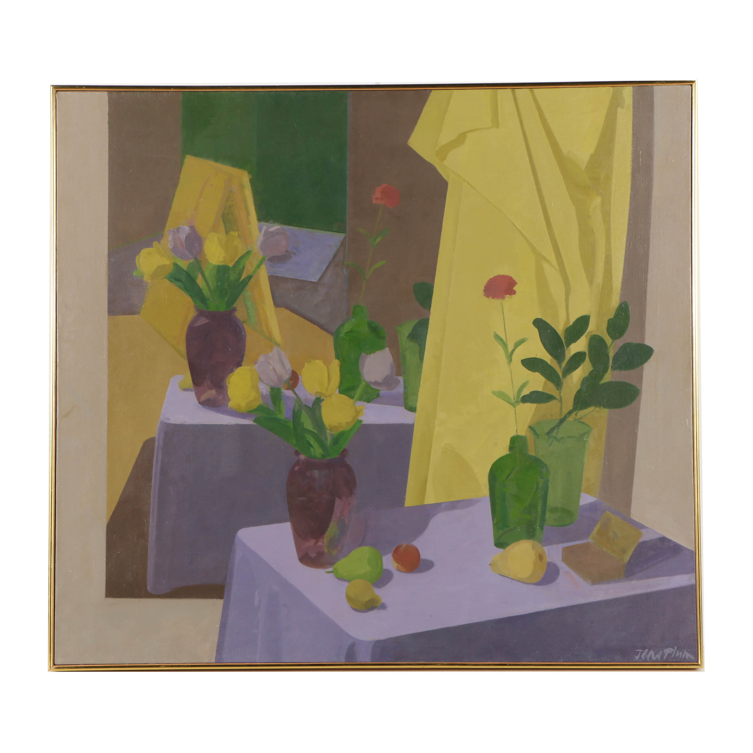 Jens Plum 1989 Oil Painting on Canvas of Interior with Still Life