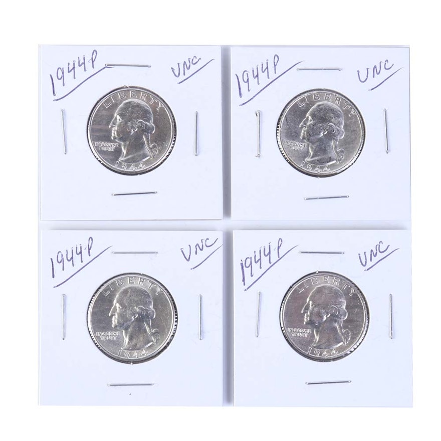 Four 1944 Silver Washington Quarters