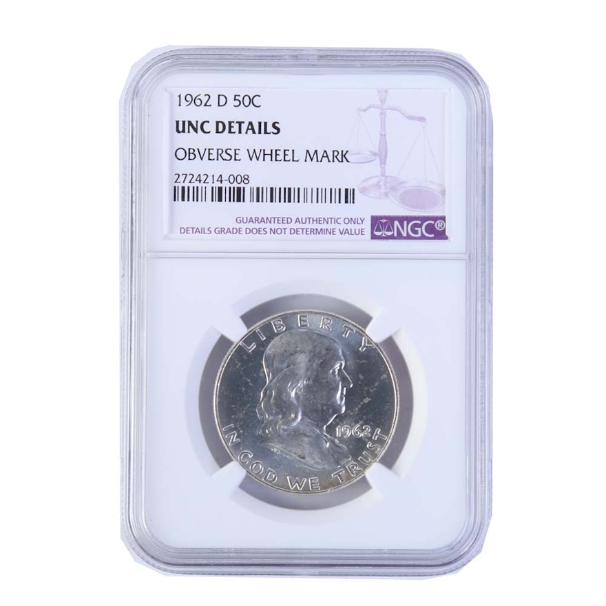 1962-D Encapsulated and NGC Graded Franklin Silver Half Dollar