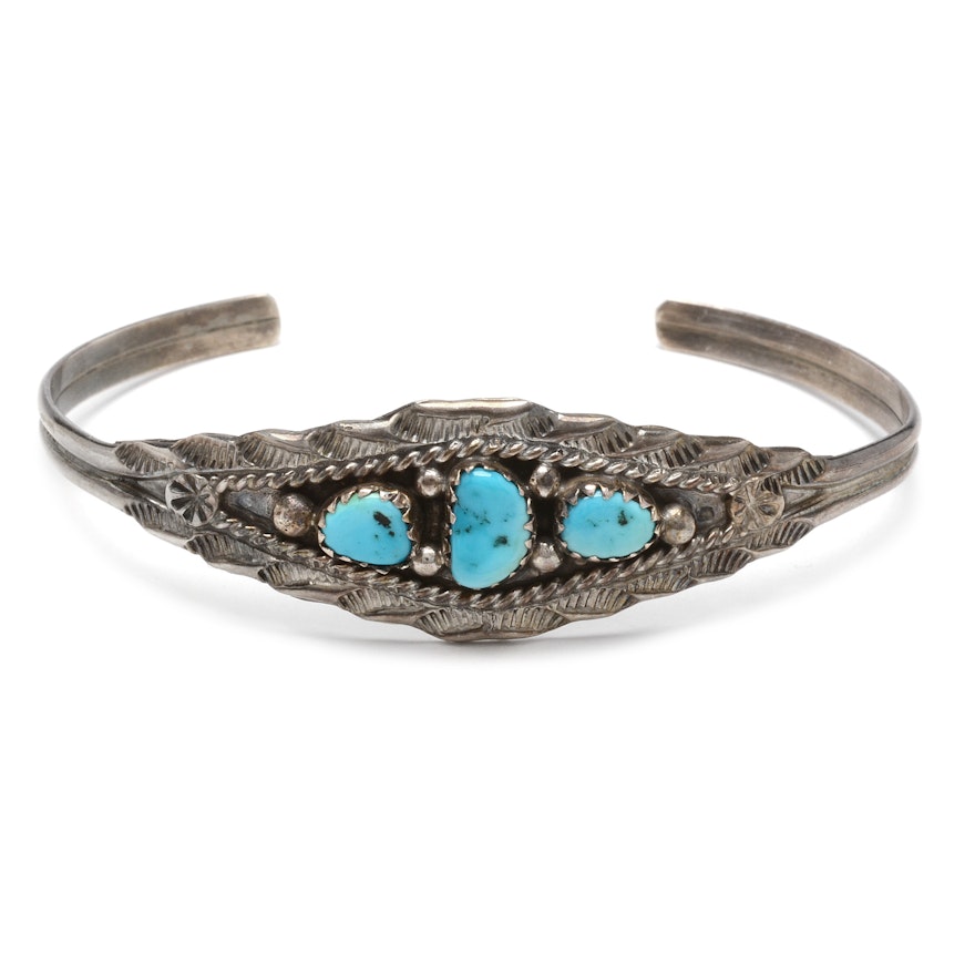 Signed Sterling Silver and Turquoise Southwestern Style Cuff Bracelet
