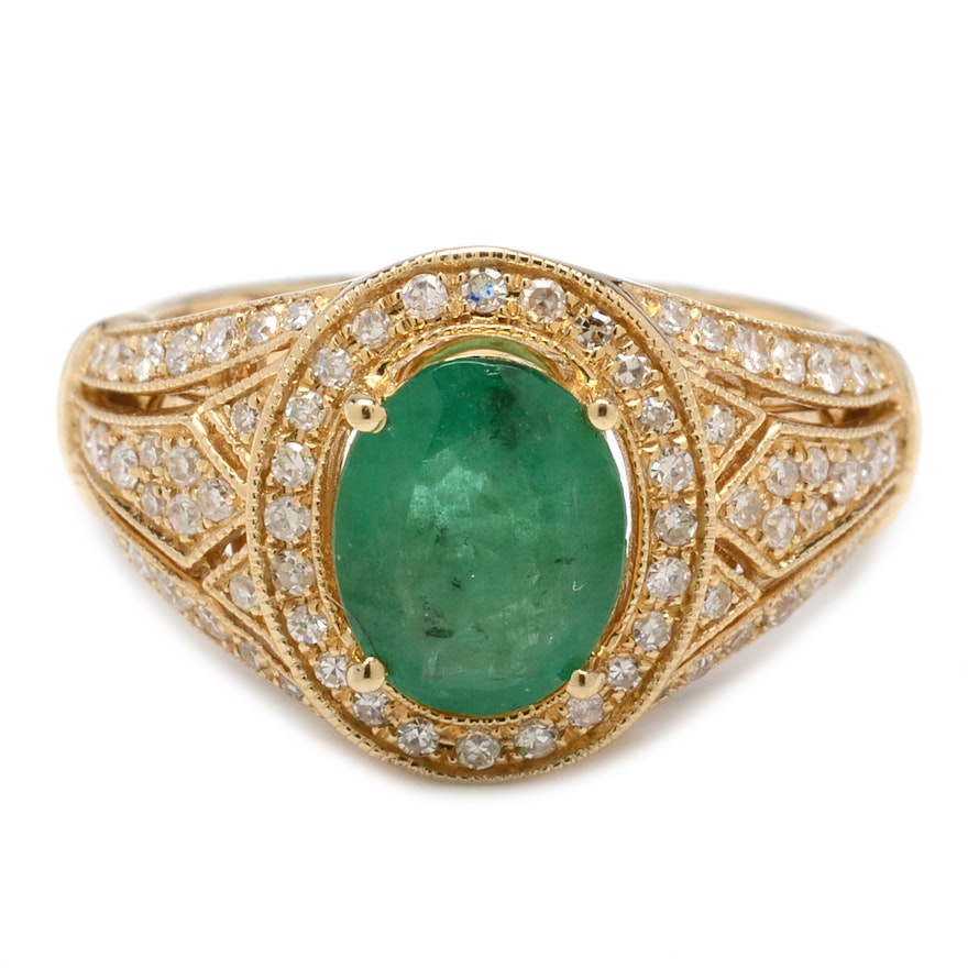 EFFY 14K Yellow Gold 1.21 CT Emerald and Diamond Halo Ring