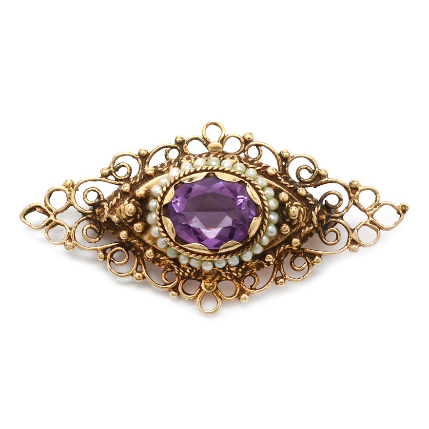 Vintage 14K Yellow Gold Amethyst and Seed Pearl Brooch
