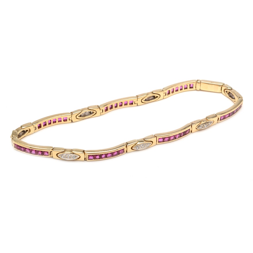 14K Yellow Gold French Cut Ruby and Diamond Bracelet