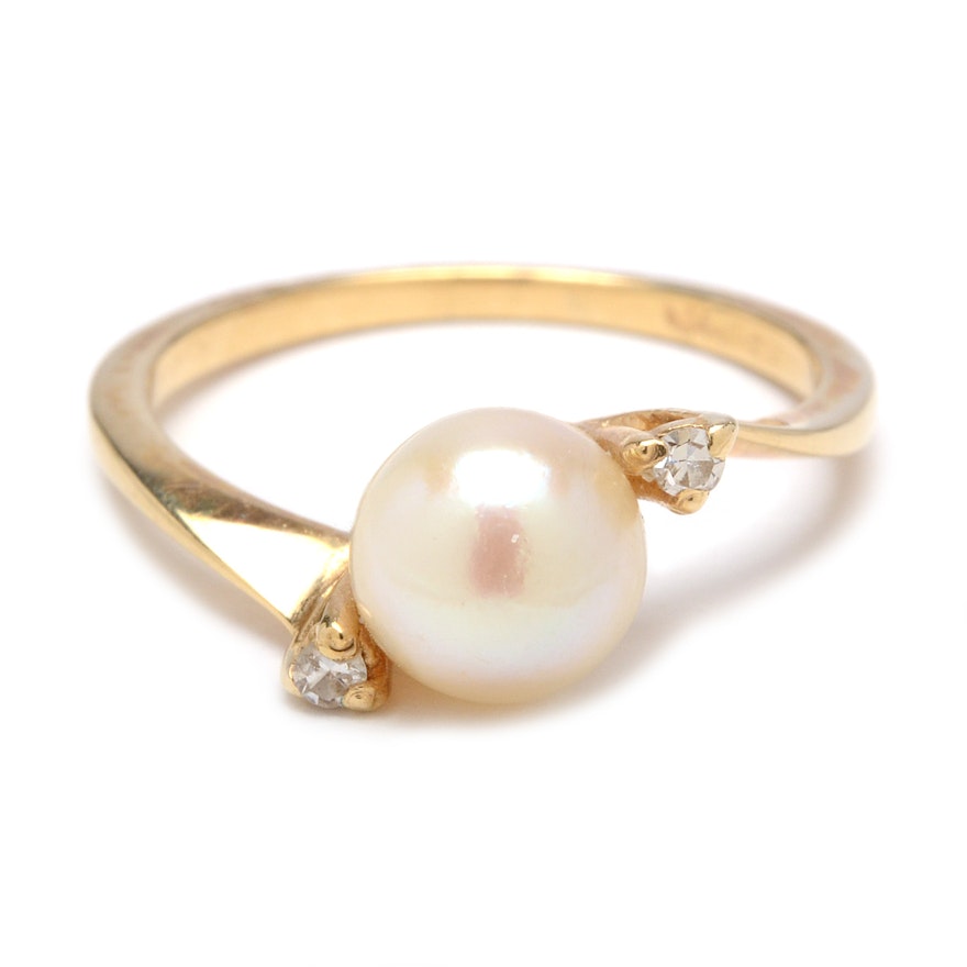 14K Yellow Gold Cultured Pearl and Diamond Bypass Ring