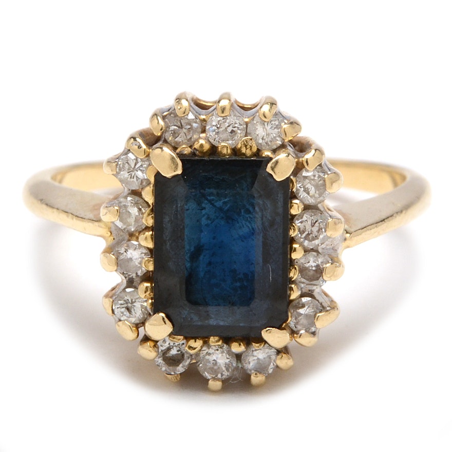 14K Yellow Gold Sapphire and Diamond Halo Ring