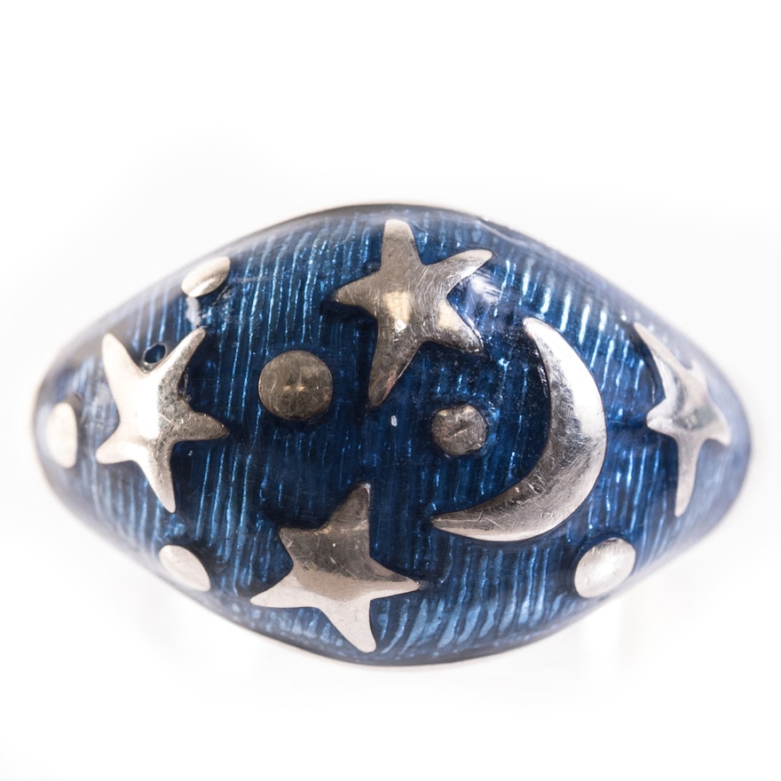 Sterling Silver and Enamel Stars and Moon Ring
