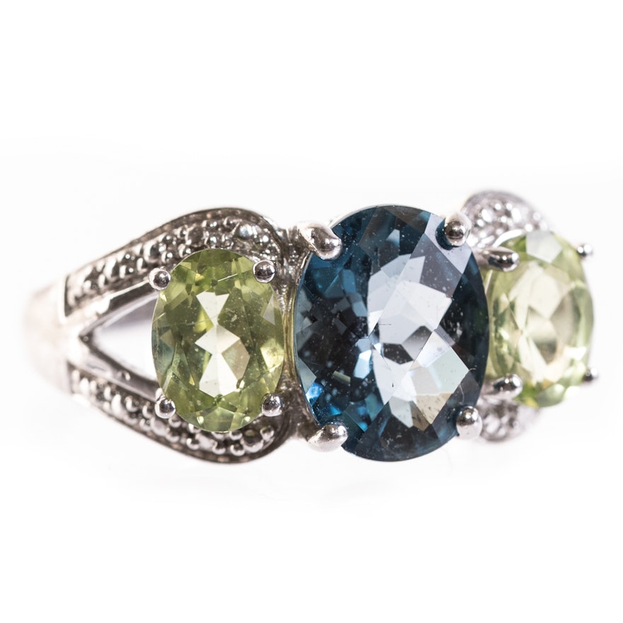 Sterling Silver 3.30 Carat Blue Topaz, and Peridot Ring
