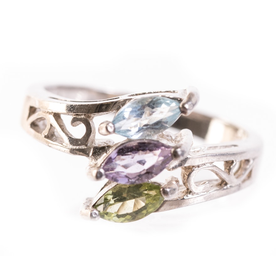 Sterling Silver, Blue Topaz, Amethyst, and Peridot Ring