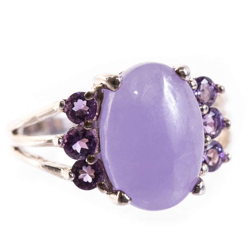 Sterling Silver 5.45 Carat Purple Jadeite, and Amethyst Ring