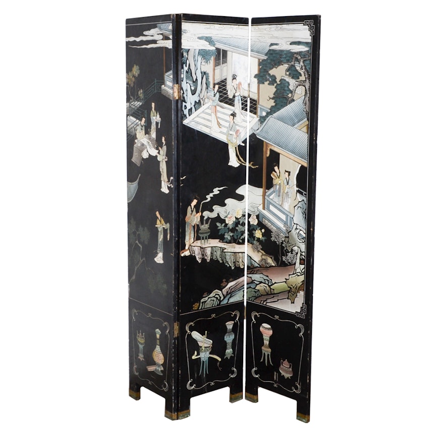 Chinese Three-Panel Coromandel Lacquer Folding Screen