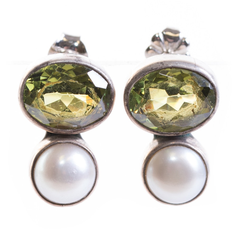 Sterling Silver, Peridot, and Mabé Pearl Earrings