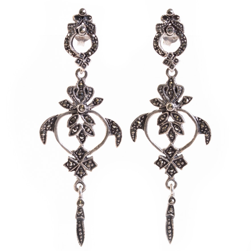Sterling Silver and Marcasite Floral Motif Dangle Earrings
