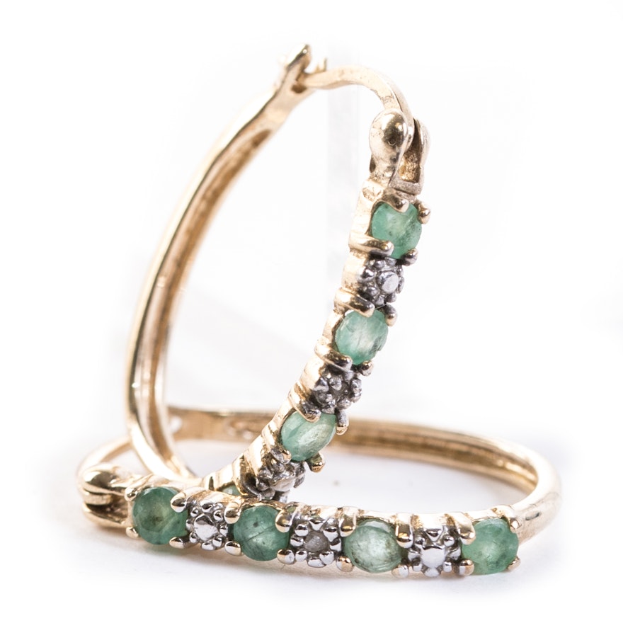 Sterling Silver, Emerald and Diamond Oval Hoop Earrings