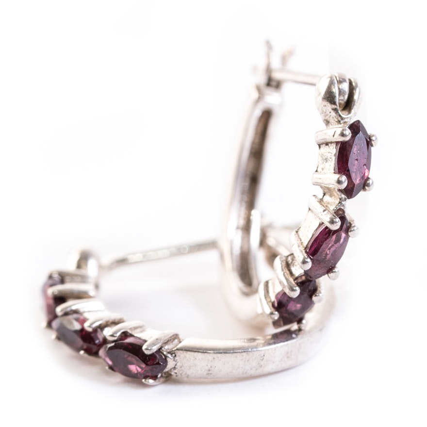 Sterling Silver and Rhodolite Garnet Hoop Earrings