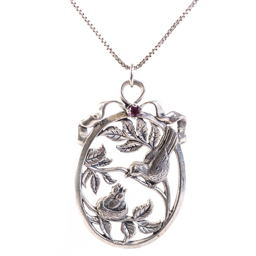 Sterling Silver Bird Family Pendant Necklace