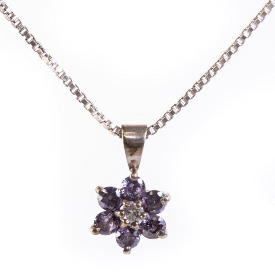 Sterling Silver and Crystal Flower Pendant Necklace