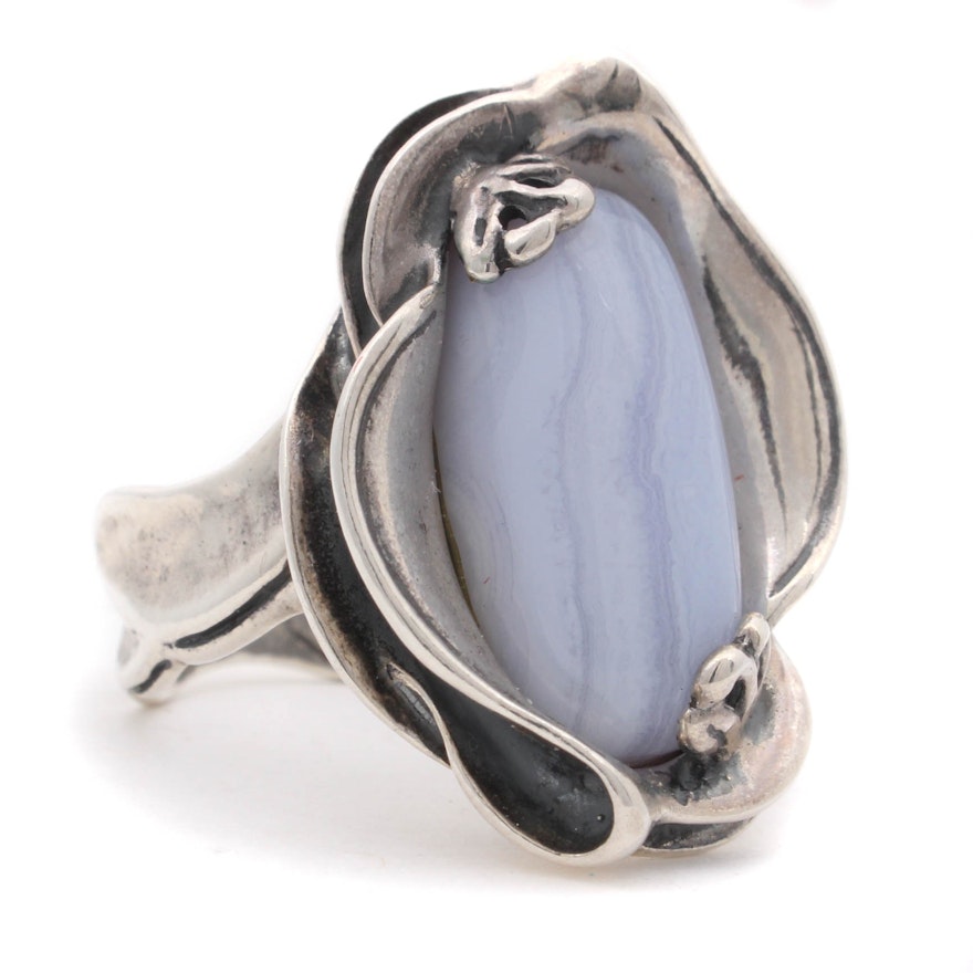 Relios Carolyn Pollack Sterling Silver Blue Lace Agate Art Nouveau Style Ring