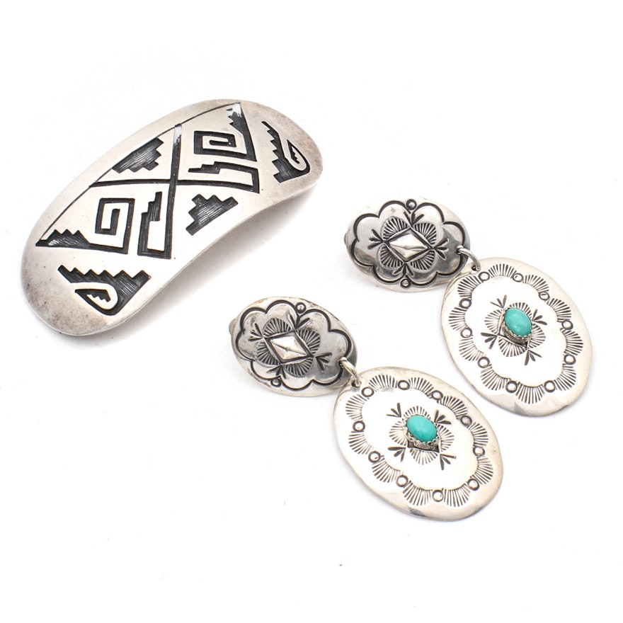 Sterling Silver Synthetic Turquoise Earrings and Hair Clip