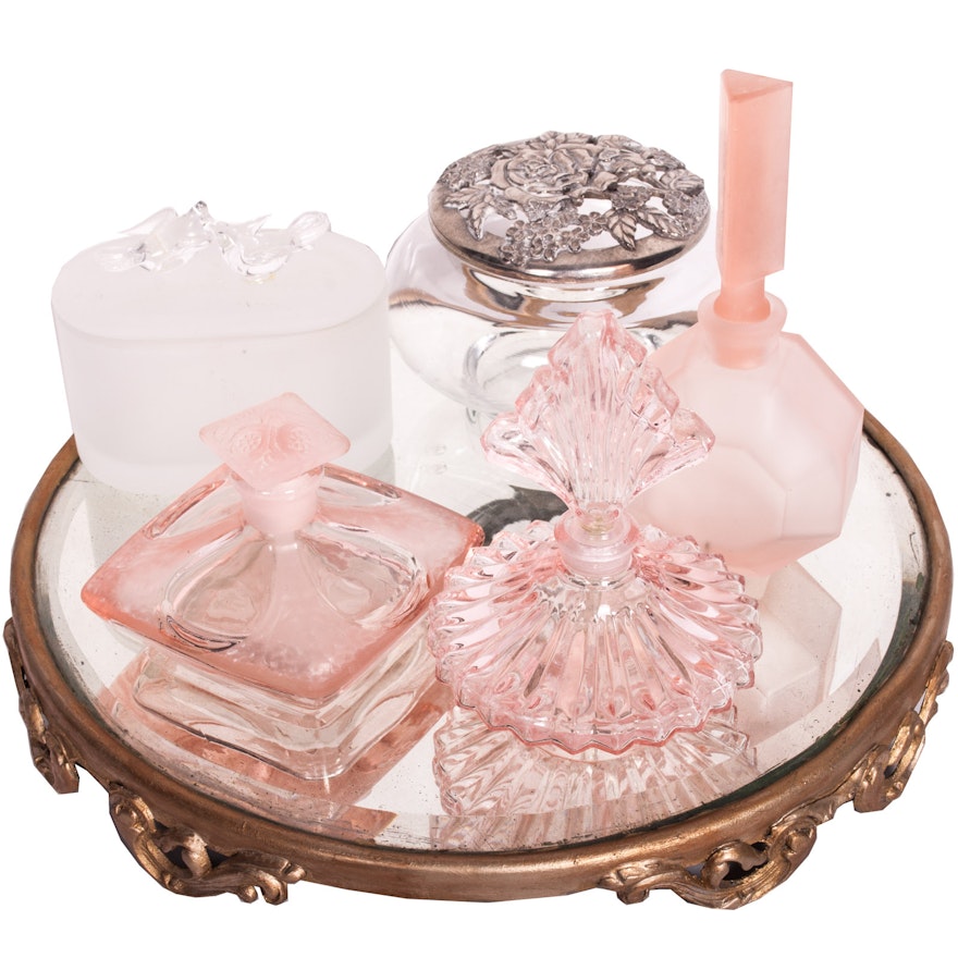 Vintage Table Mirror with Perfume Bottles and Potpourri Jar
