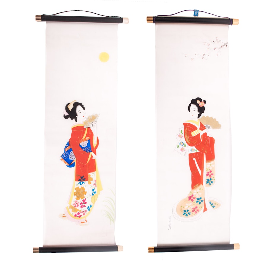 Japanese Tempura Paintings on Silk Scroll Panels