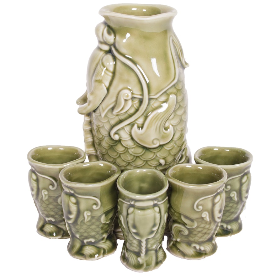 Ceramic Green Koi Sake Set