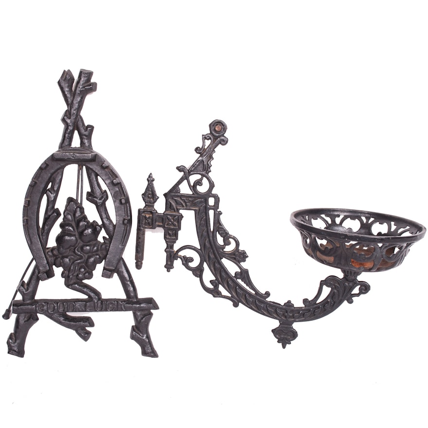 Cast Iron Antique Wall Sconce and Vintage "Good Luck" Trivet