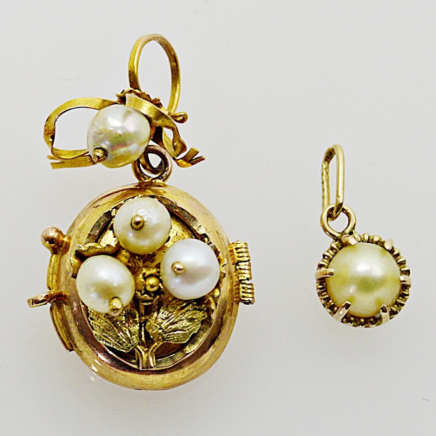 Antique 10K Yellow Gold and Pearl Locket and Pendant