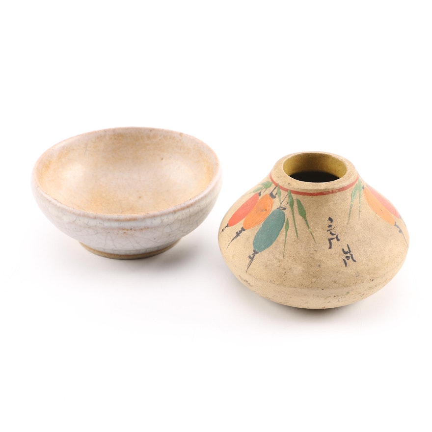 Japanese Stoneware Vessel and Stoneware Bowl