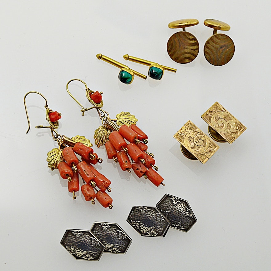 Vintage Jewelry with Gold-Filled Branch Coral Earrings and Sterling Cufflinks