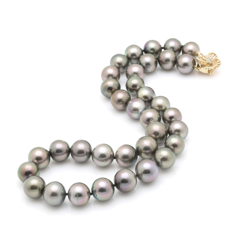 IPS 14K Yellow Gold Cultured Tahitian Pearl Necklace With Diamond Accents