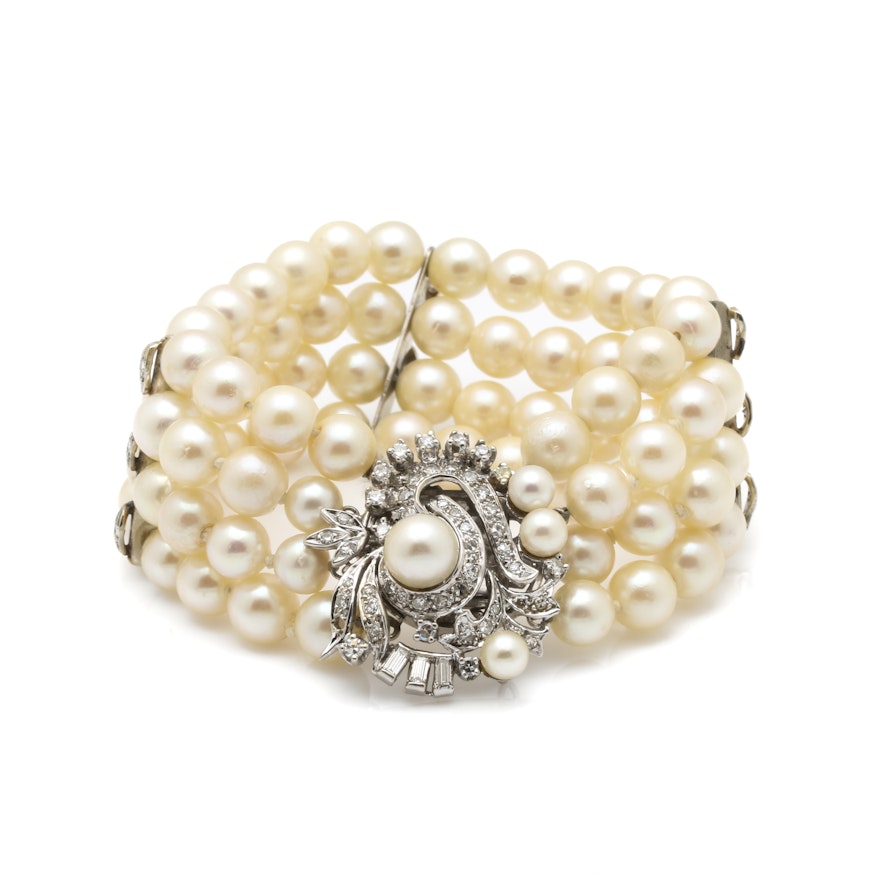 14K White Gold Cultured Pearl and Diamond Multi Strand Bracelet