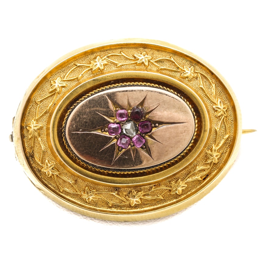 Mid Victorian 10K Two-Tone Gold Diamond and Ruby Brooch