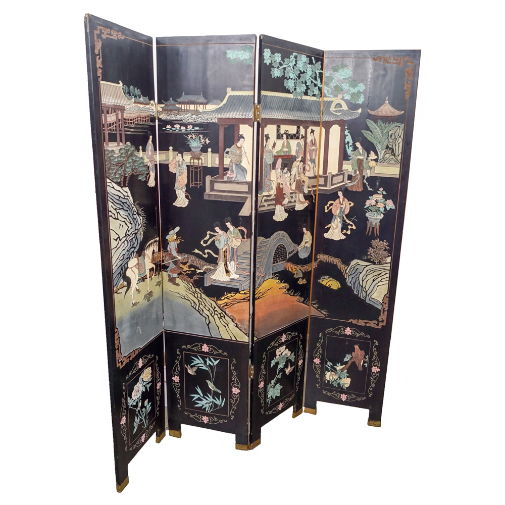 Chinese Carved Lacquered Folding Screen