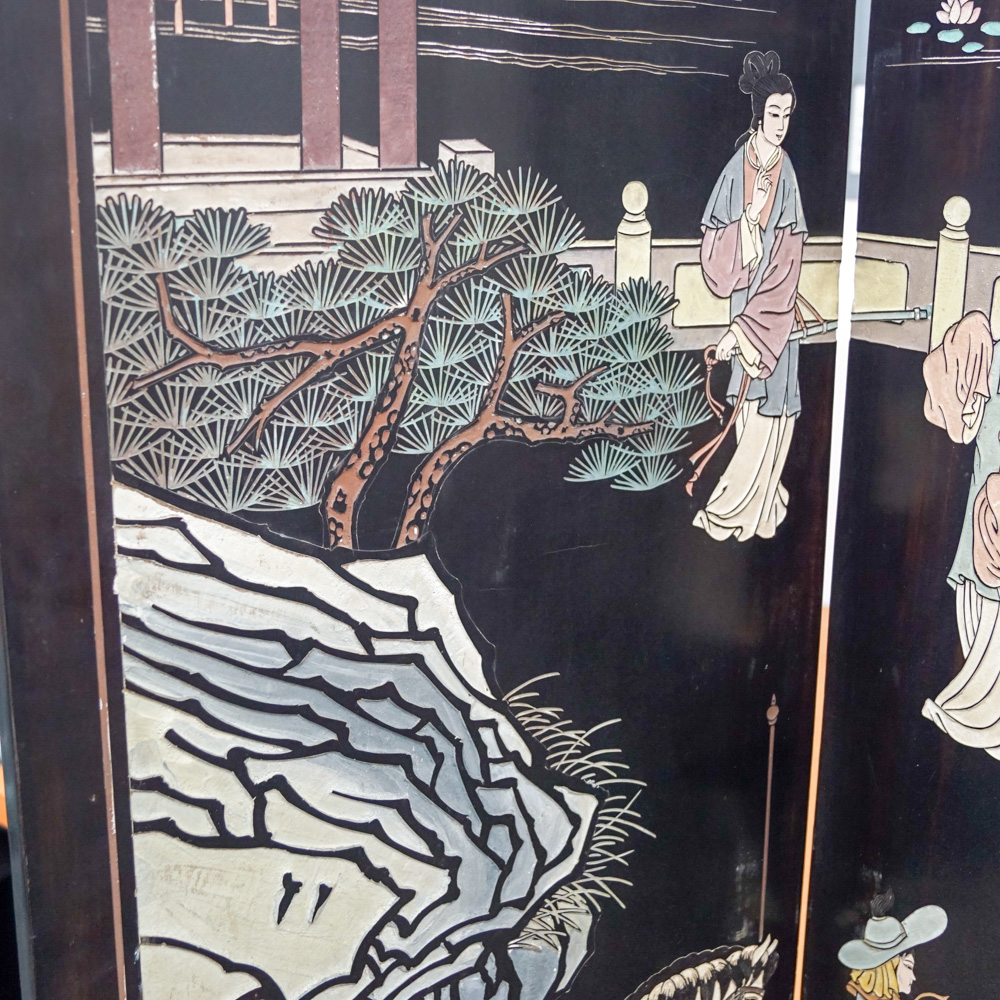 Chinese Carved Lacquered Folding Screen
