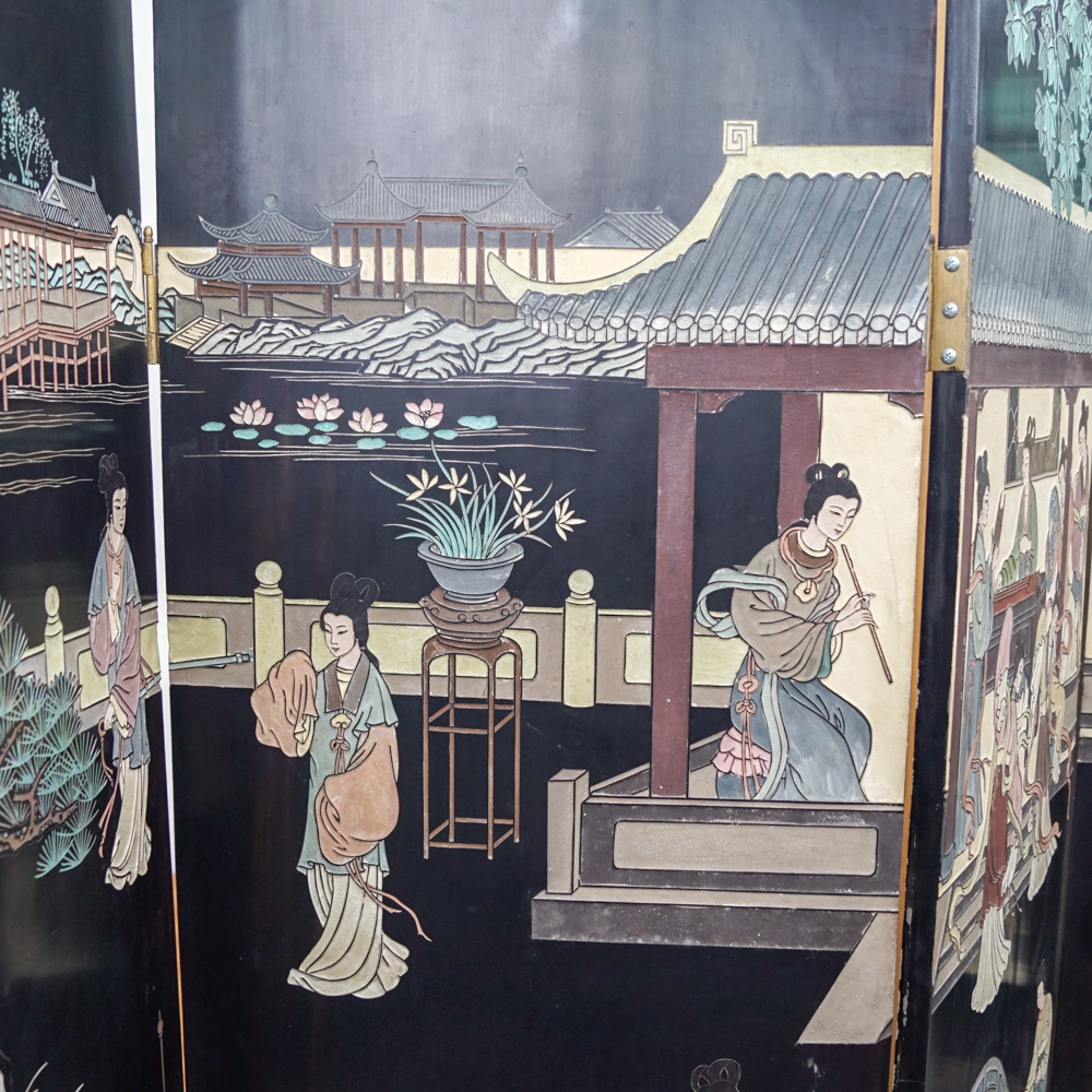 Chinese Carved Lacquered Folding Screen