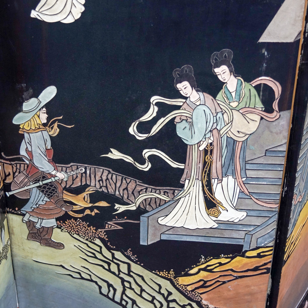 Chinese Carved Lacquered Folding Screen