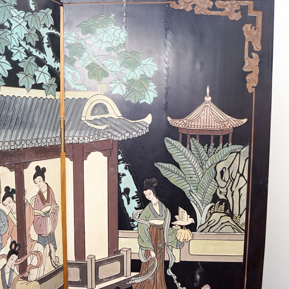 Chinese Carved Lacquered Folding Screen