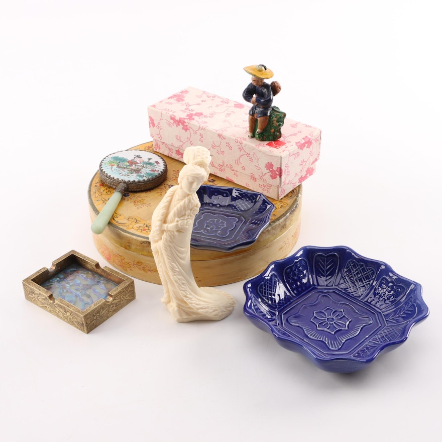 East Asian Figurines, Ashtray, Hand Mirror, and Dishes